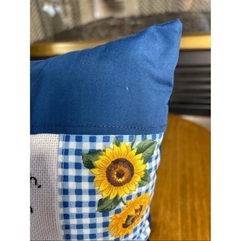 Handmade‎ Cross Stitch Scripture John 14:6 Accent Pillow w/Sunflowers Blue NWOT